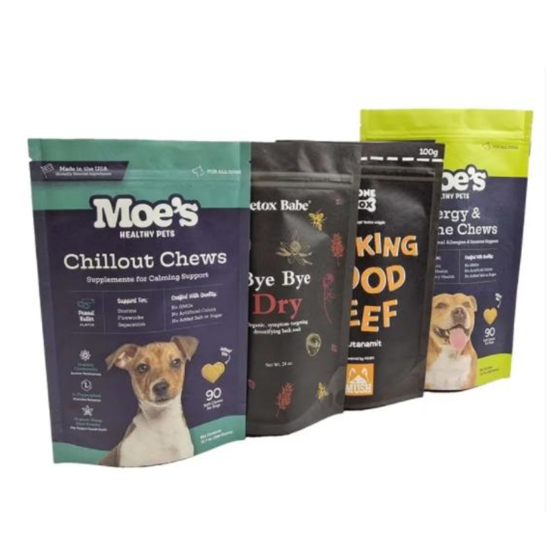 Vlastní design balení balenína zipna pouzdro Plastové sáčky Logo Pet Snack Dog Treat Bag Pet Food Back Balíček